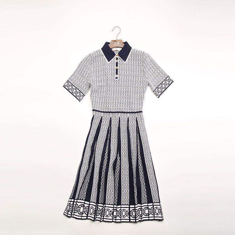 Women Vintage Plaid Print Polo Collar Knitted Elastic Midi Dress alx