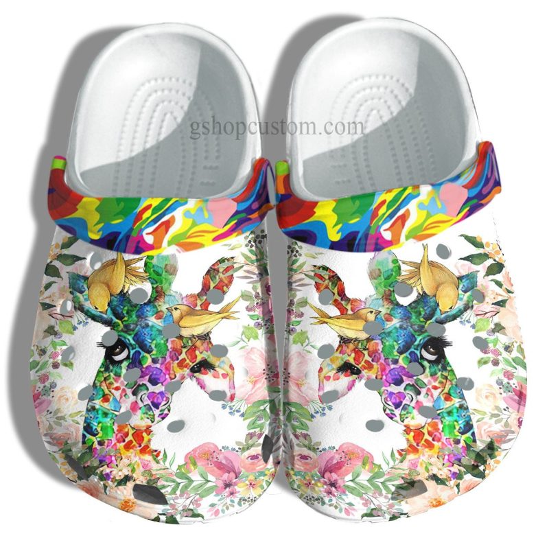 Giraffe Rainbow Colorful Autism Awareness Shoes – Giraffe Flower Shoes Croc Clogs Gifts Women