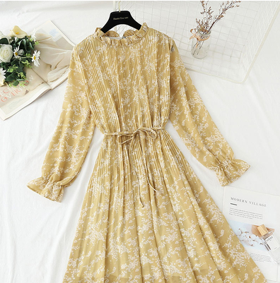 2022 New Women Spring Print Dresses Long Sleeve Chiffon Pleated Dress Loose Casual Plus size Ruffles Flare Sleeve Long Dress alx