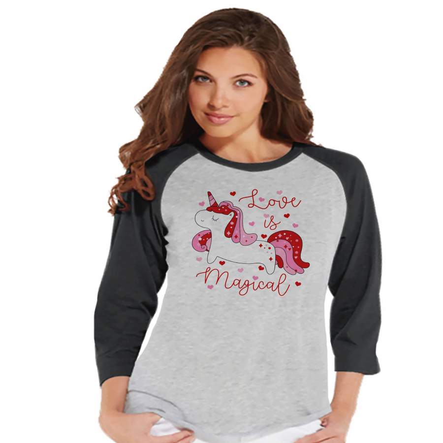 Women’s Unicorn Shirt – Love is Magical – Happy Valentine’s Day Shirt – Unicorn T-shirt – Womens Grey Raglan – Love Unicorn – Gift for Her