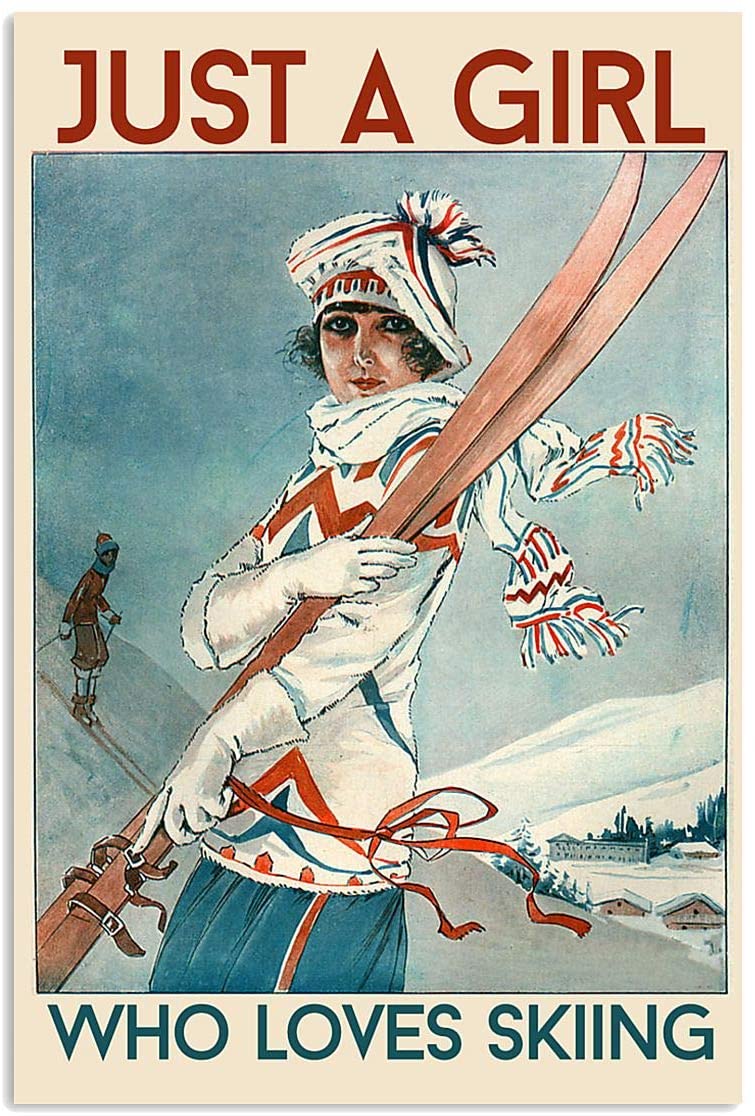 Vintage Girl Skiing – Just A Girl Who Loves Skiing Poster Art Print      Home Decor Gift For Men Women Family Friend On Birthday Xmas