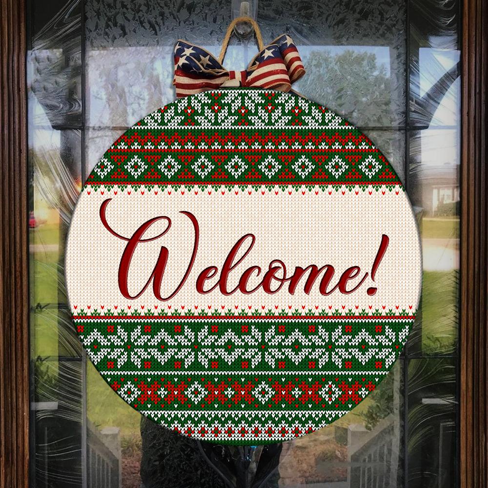 Welcome Sign Ugly Sweater Pattern Printed Christmas Wooden Door Hanger, Christmas Door Sign Decor – Iphw1816