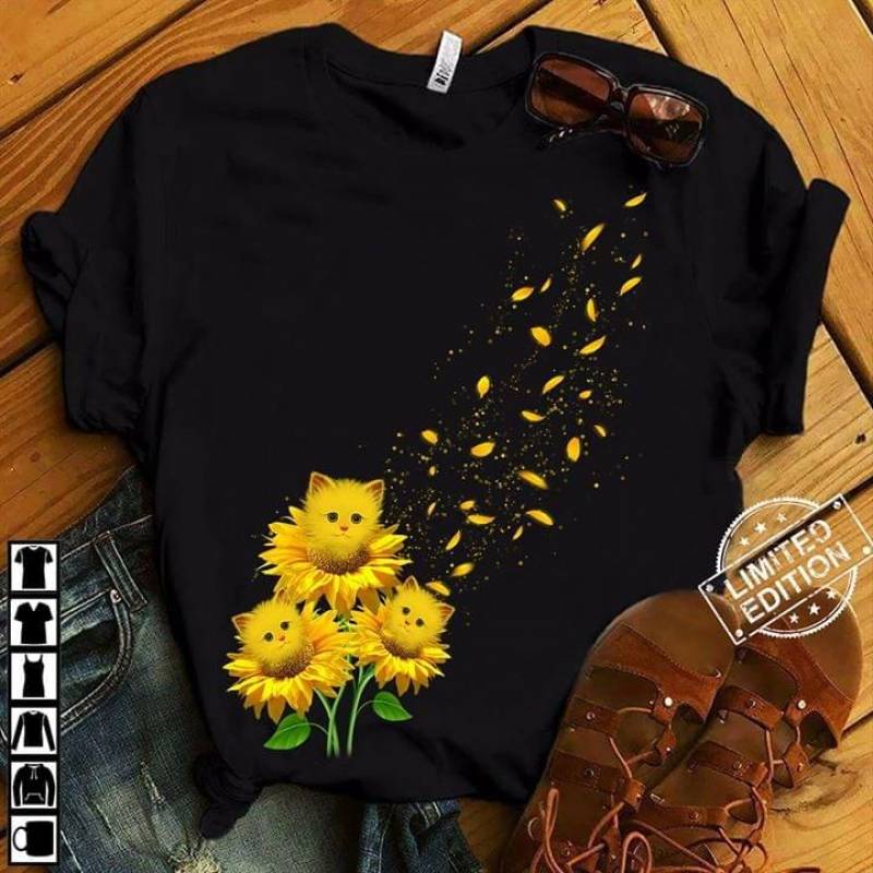 Cute Cats In Yellow Blooming Sunflowers Blowing Flowers Petals Flying Petals Lovely Yellow Cats Cute Kittens Adorable Gift For Cat Lovers Black Men And Women T Shirt S-5Xl