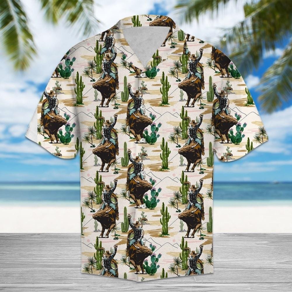 Rodeo Riding Bull In The Desert Of Cactus Aloha Hawaii Shirts H Ha89527