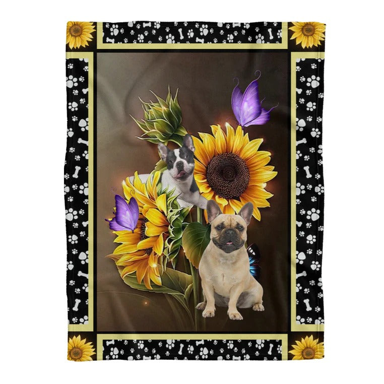 French Bulldog Blanket, French Bulldog Dog Dark Sunflower With Butterfly Fleece Blanket