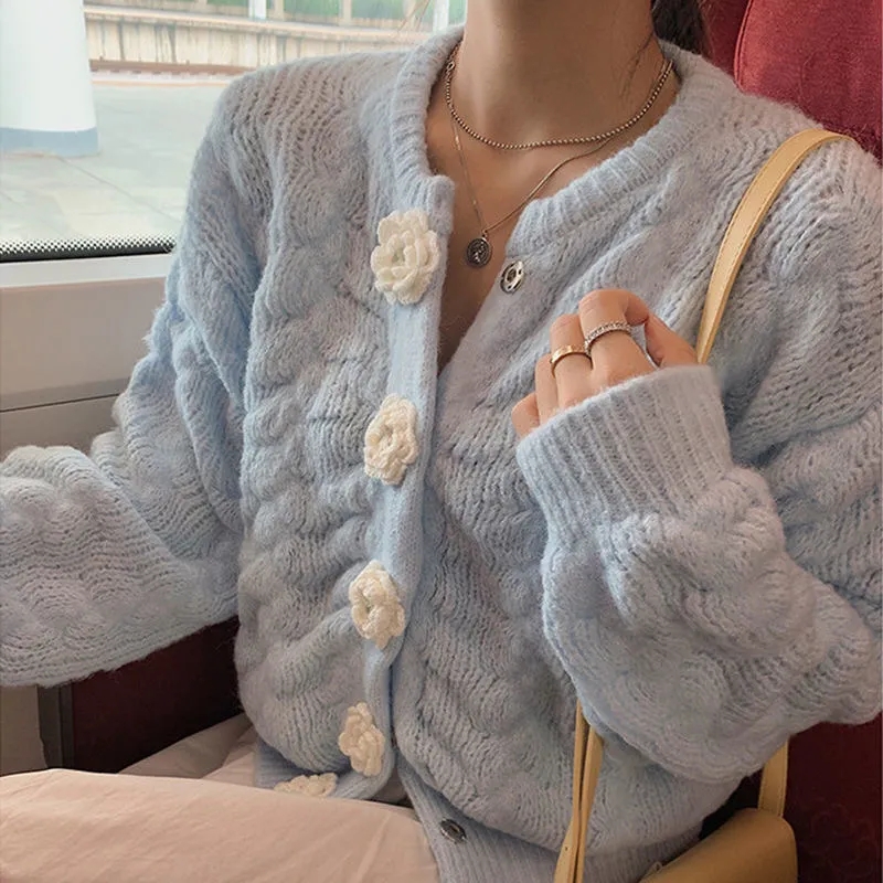 Cropped Sweater Korean Cardigan Crop Top 2022 Fashion Sweaters Flower Button Coat Crochet Flower Cardigans Women Knit Pull Femme alx