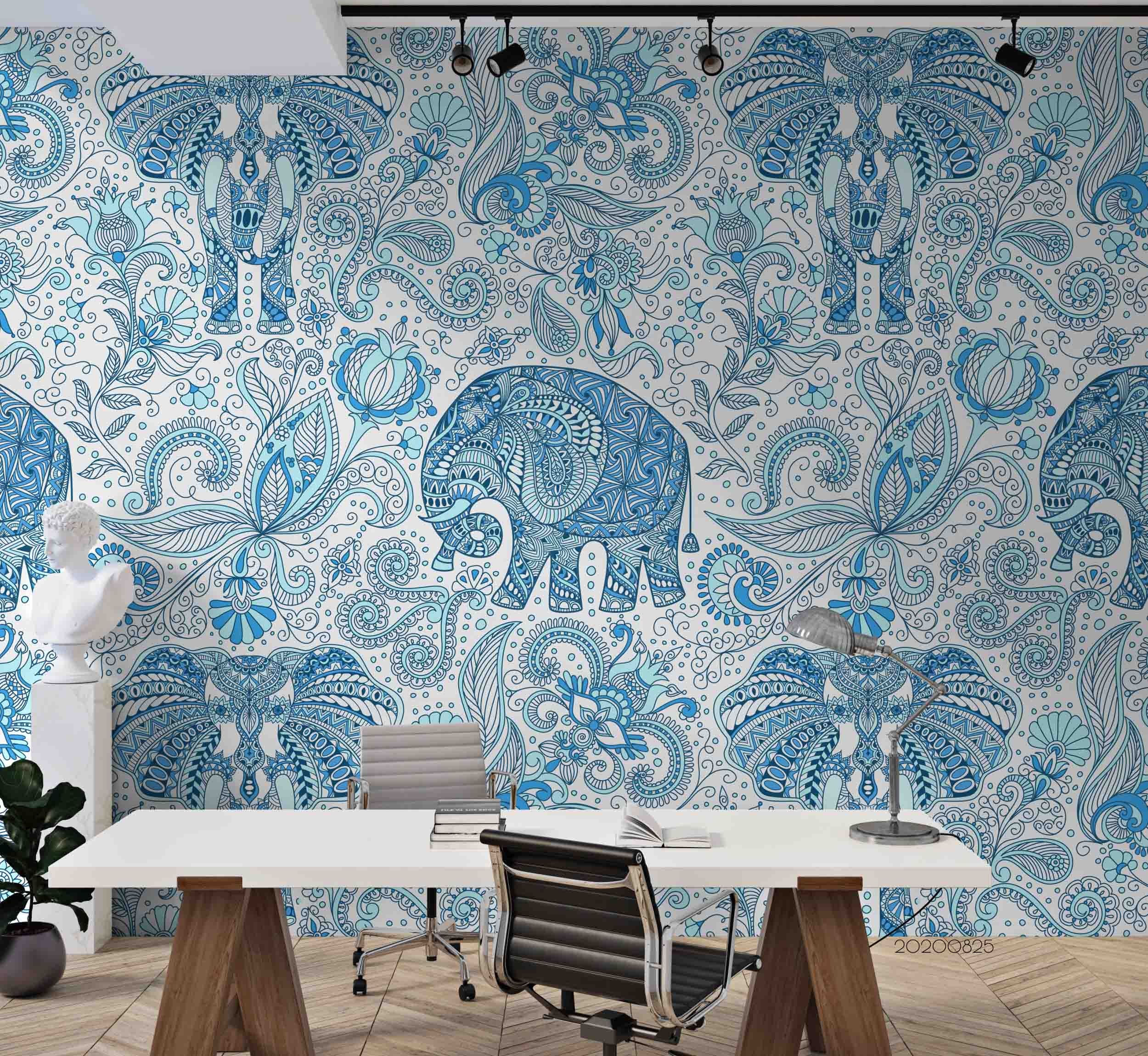 3D Hand Drawn Blue Elephant Wall Mural Wallpaper Lqh 1