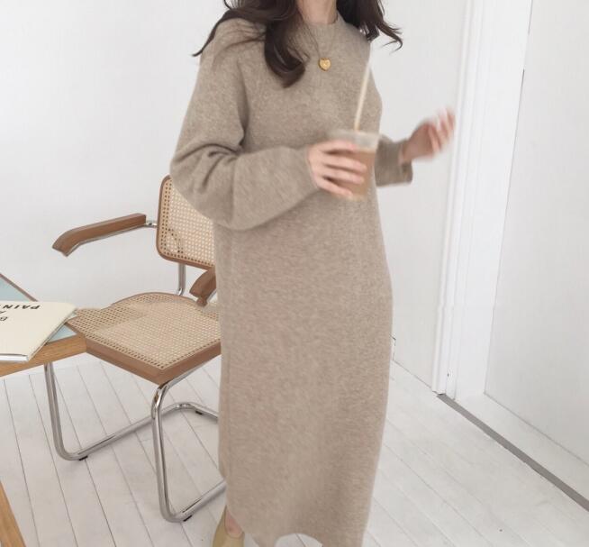 Women Autumn Winter Long knitted Sweater Dress Female Pullover Long Sleeve Straight Oversized Round Collar alx