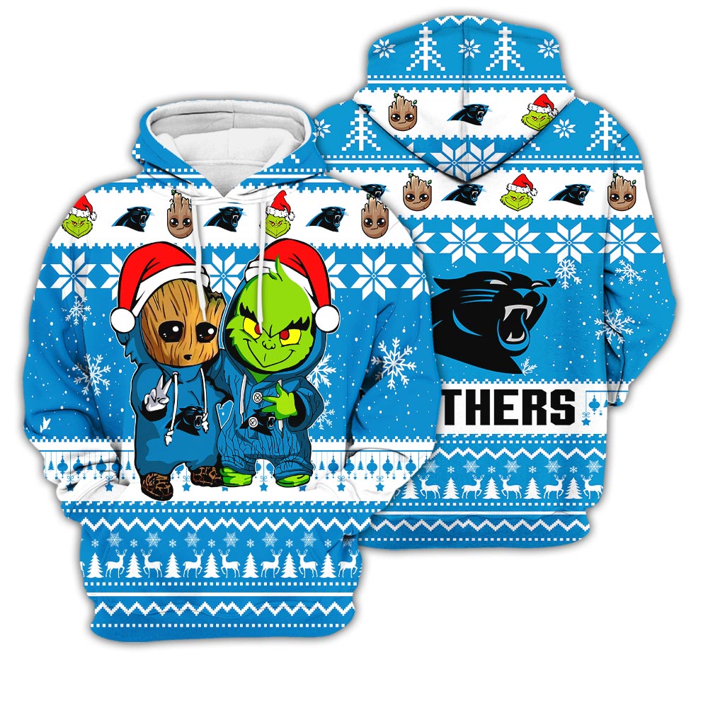 Carolina Panthers Baby Groot And Grinch Best Friends Football American Ugly Christmas Sweater New Trends For Fans Club Gifts Unisex 3D Hoodie