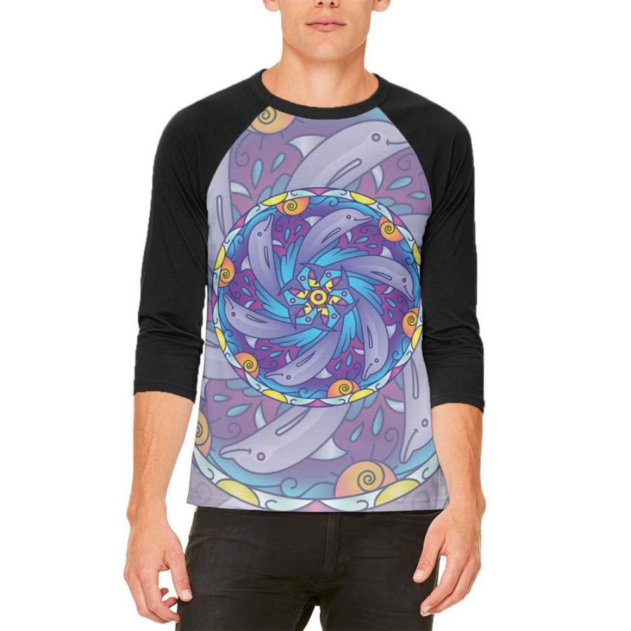 Mandala Trippy Stained Glass Dolphins Mens Raglan T Shirt