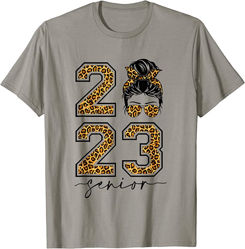 Senior Class Of 2023 Messy Bun Seniors 23 Women Girl Leopard T-Shirt