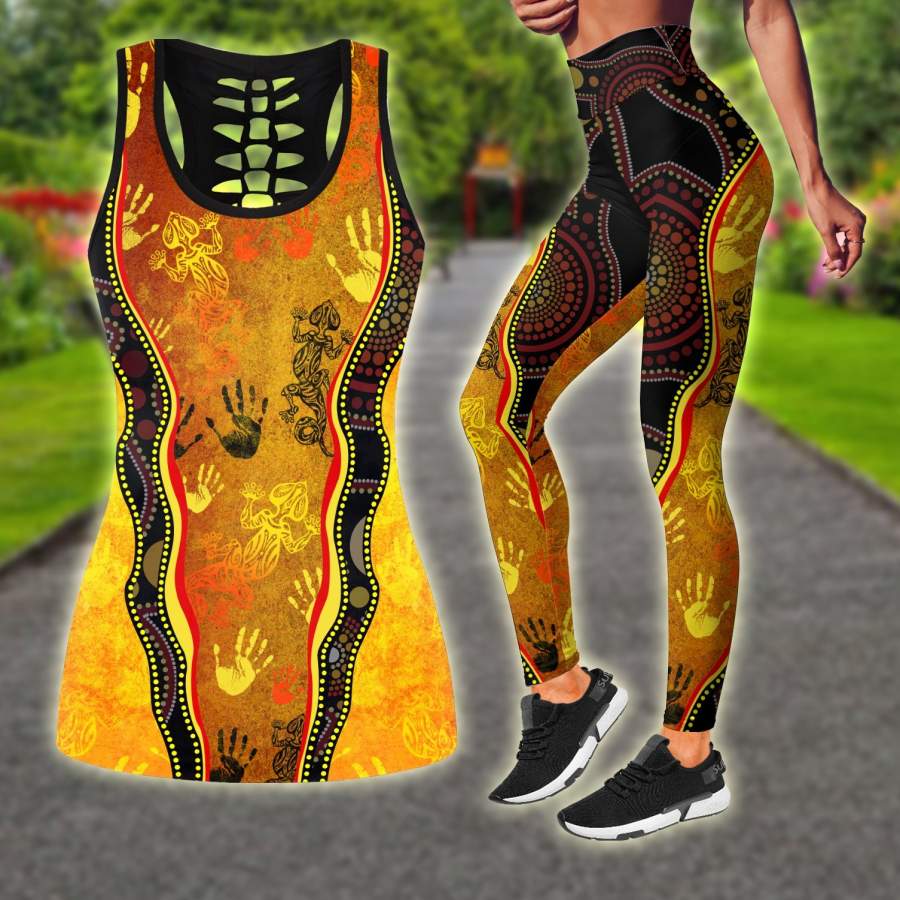 Aboriginal Australia Rock Painting Hand Lizard Art Golden Style Combo (Legging+Tank) TR2606201S