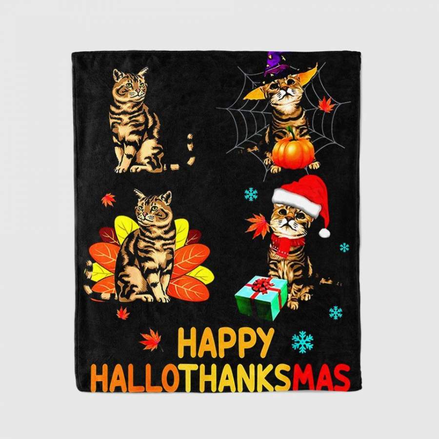 Cat Halloween Thanksgiving Christmas Happy Hallothanksmas Blanket Personalized Fleece Blanket Halloween Gifts