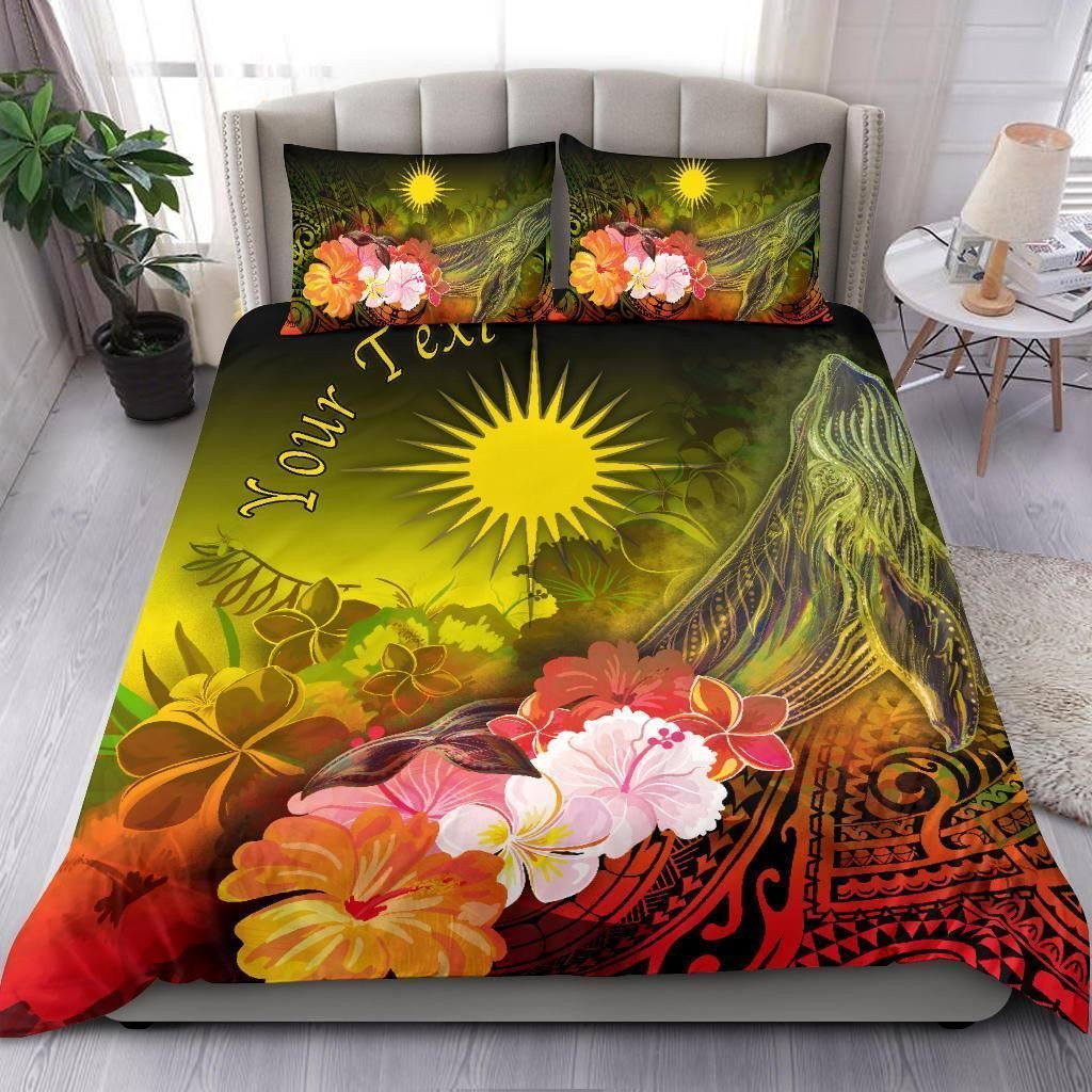 Alohawaii Bedding Set – Cover And Pillow Cases Marshall Islands Custom Personalised – Humpback Whale With Tropical Flowers (Yellow)- Bn18