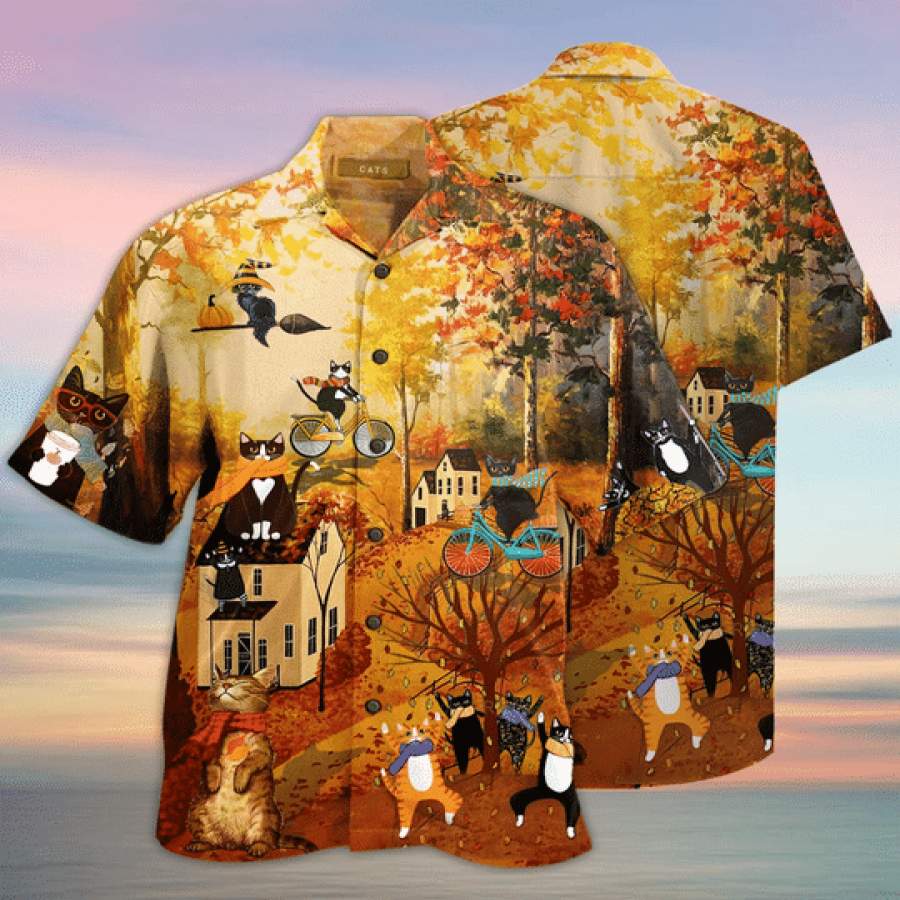 Funny Black Cat In The Autumn Hawaii Aloha Shirts Ha73848