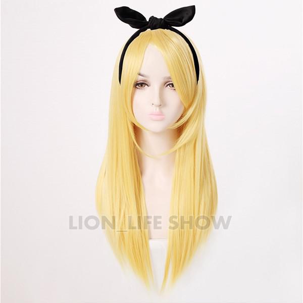 Alice in Wonderland Alice Yellow Golden Cosplay Wig Straight Long Synthetic Hair Costume Party Halloween Wigs + Free cap alx