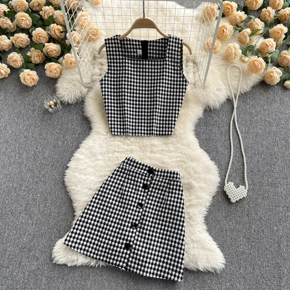 2022 Spring Retro Square Collar Sleeveless Tank Top + High Waist Breasted A-line Short Skirt Plaid Fashion Two-piece Women alx