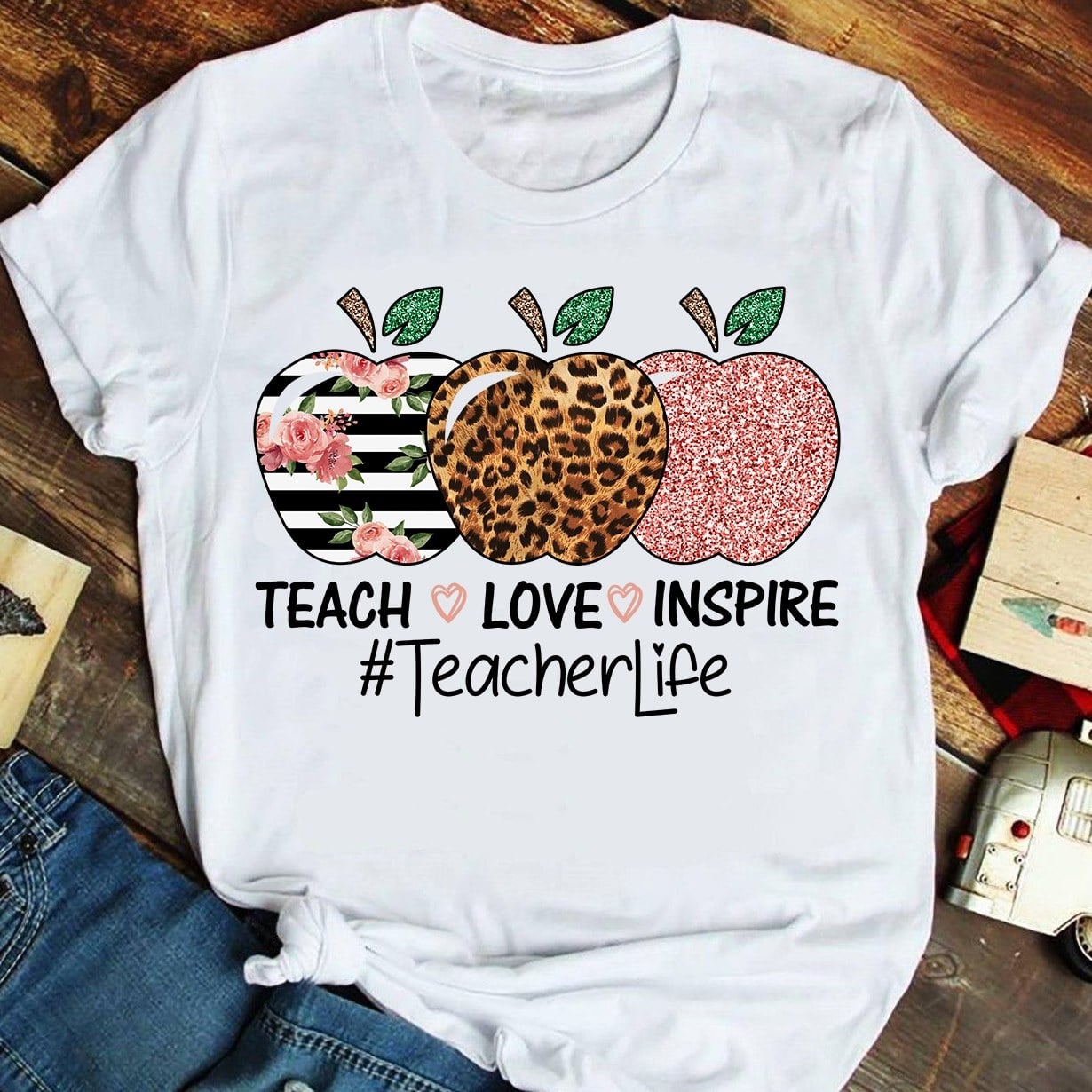 Classic T-Shirt For Teacher Teach Love Inspire Floral Leopard Bling Apple Hashtag Teacherlife Back To School Outfit