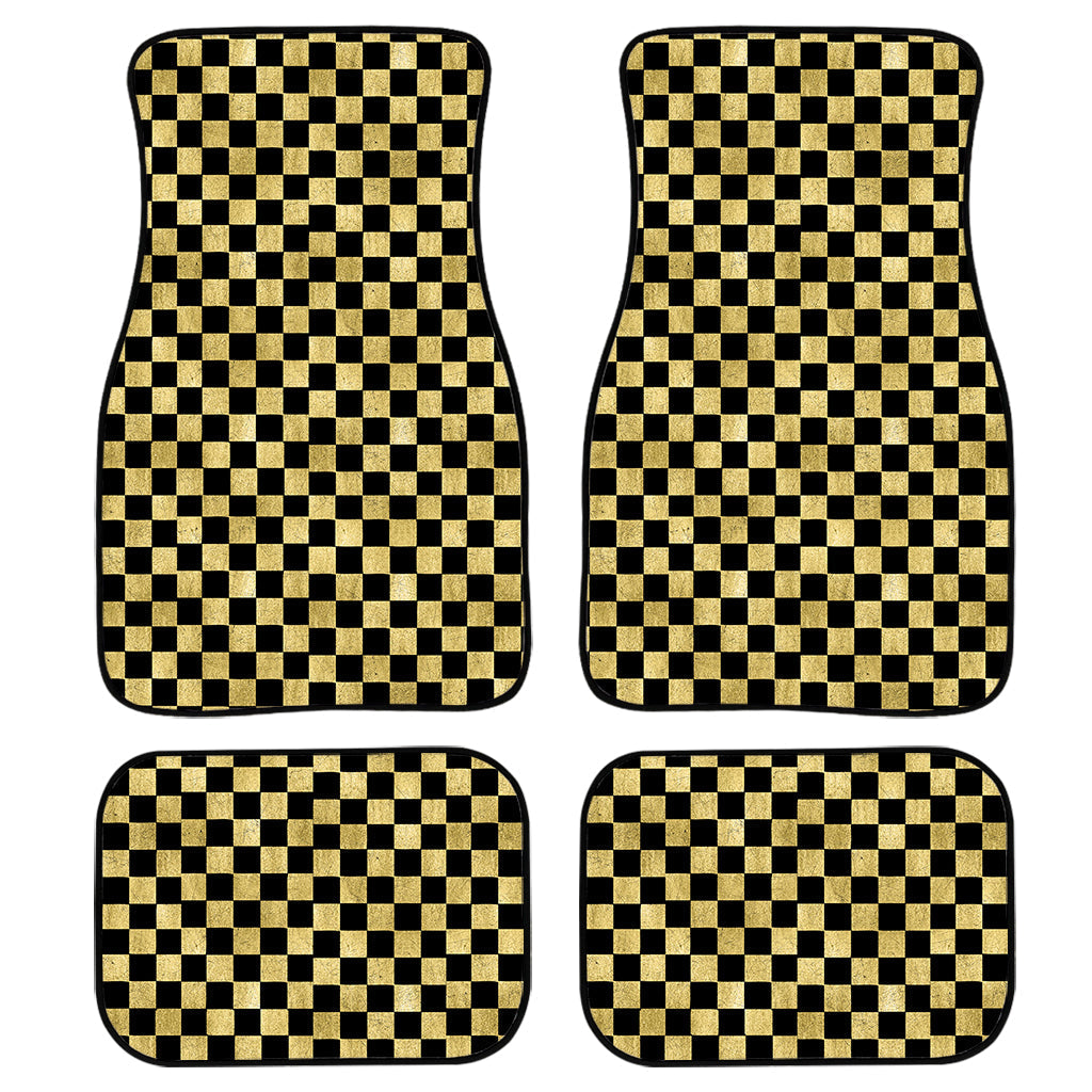 Gold And Black Checkered Pattern Print Front And Back Car Floor Mats, Front Car Mat