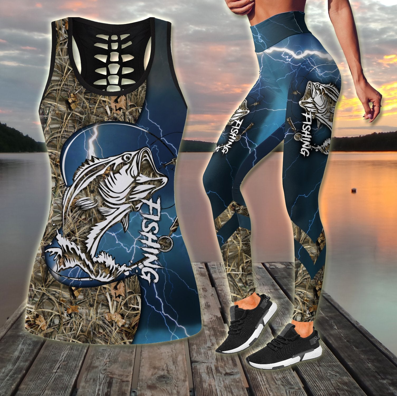 Women Tank Top Leggingsbass Fishing – Lines Blue Tattoos Camo Combo Legging + Tank