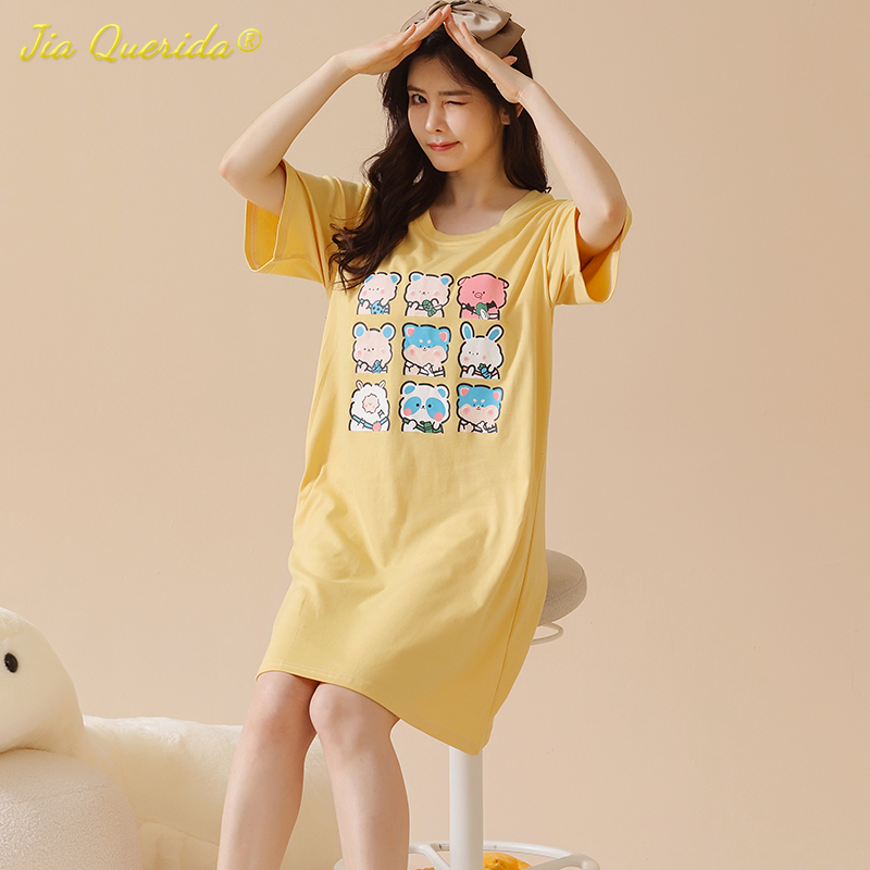 2022 New Summer Long Yellow Sleeping Dress Soft Cotton Cute Bear Printing Home Dress Korean 3XL Elegant Nightgown for Young Lady alx