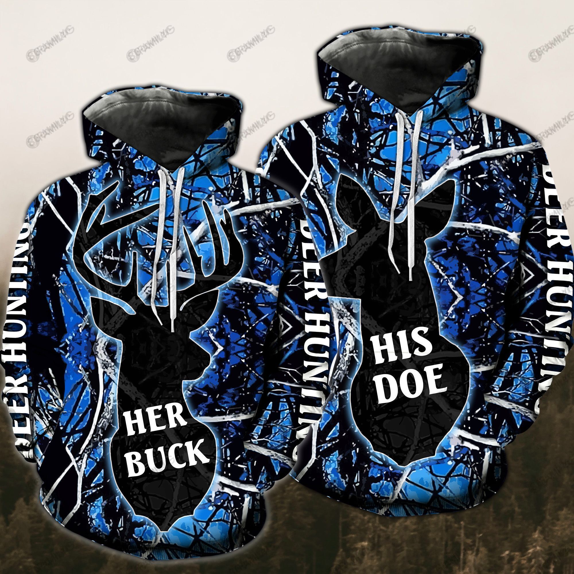 Buck Doe Deer Dark Blue Couple Hoodies