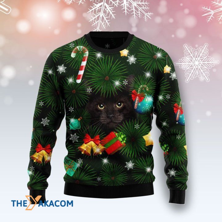 Black Cat Hide Under Plant And Bell Gift For Christmas Ugly Christmas Sweater