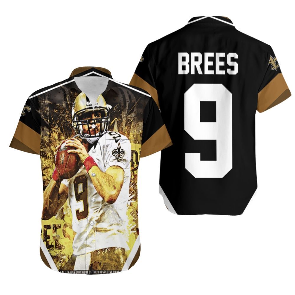 Drew Brees New Orleans Saints Black & Yellow Hawaiian Shirt