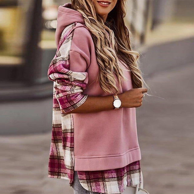 Casual Leopard Plaid Print Hooded Hoodies Sweatshirts