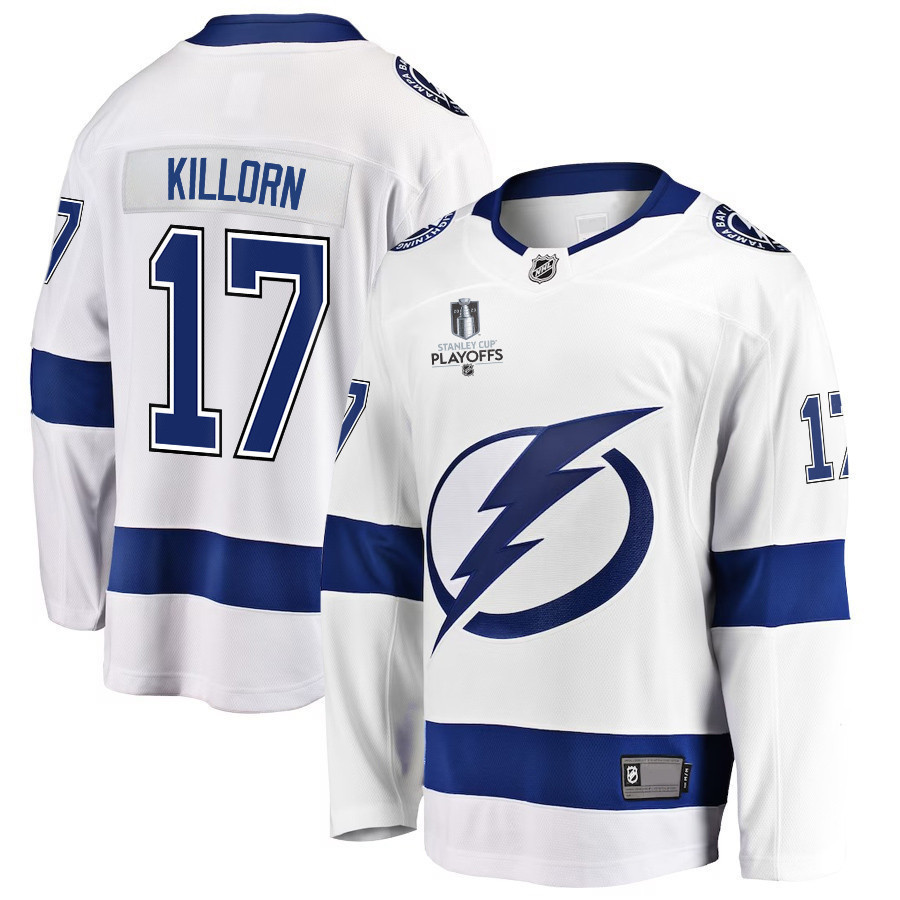 Alex Killorn 17 Tampa Bay Lightning Stanley Cup 2023 Playoffs Patch Away Breakaway Men Jersey – White