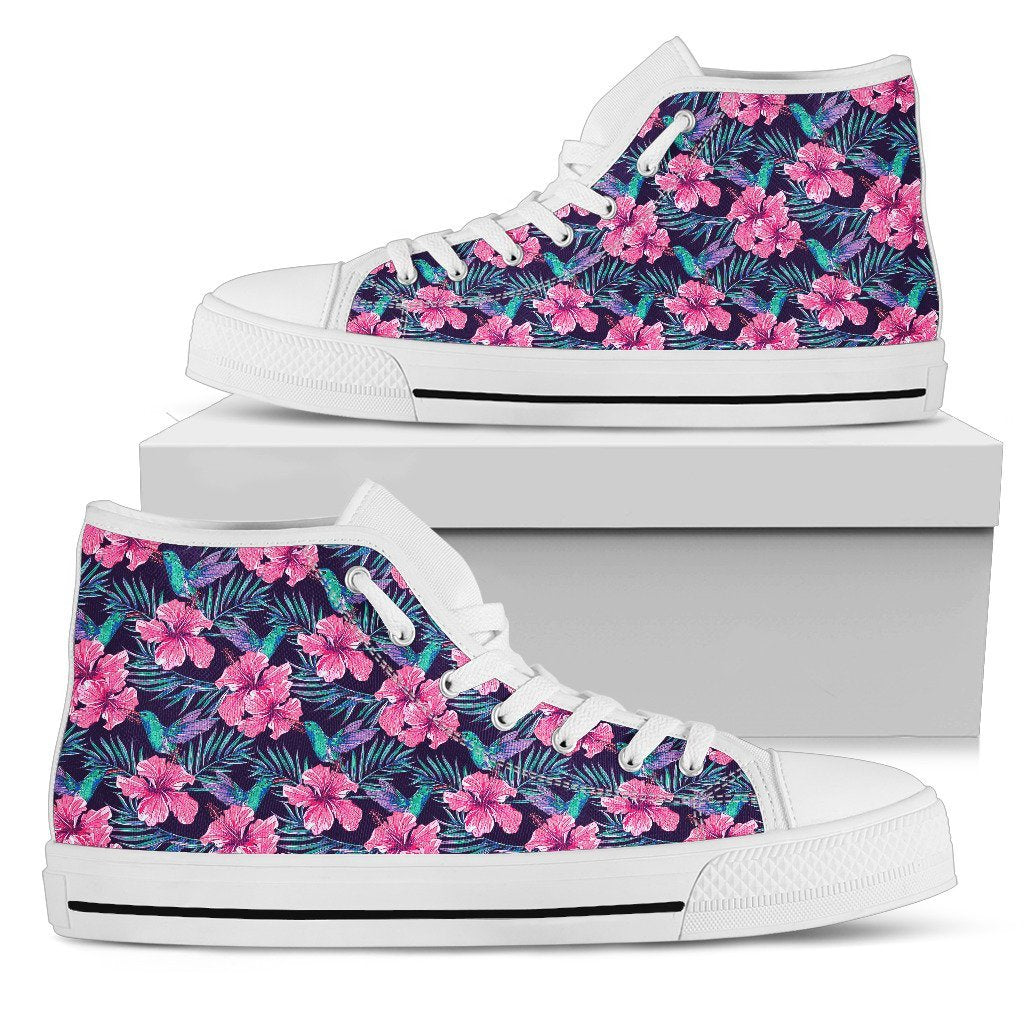 Tropical Flowers With Hummingbirds Palm Leaves High Top Shoes