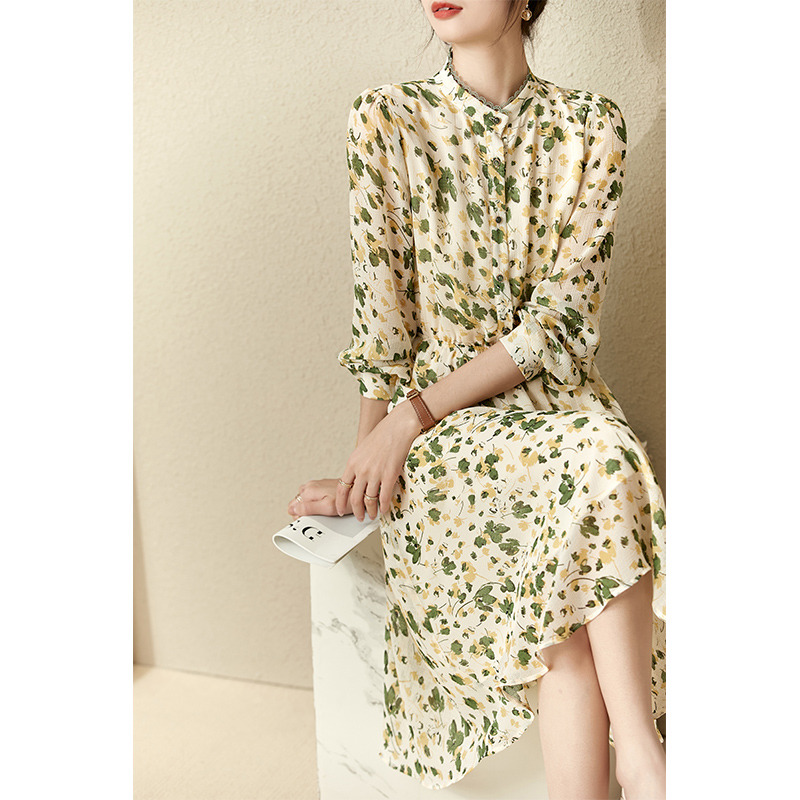 Vimly French Chiffon Women’s Dress Elegant Waist Slim Full Sleeves Stand Collar Floral Dresses Office Lady Female Vestidos V3907 alx