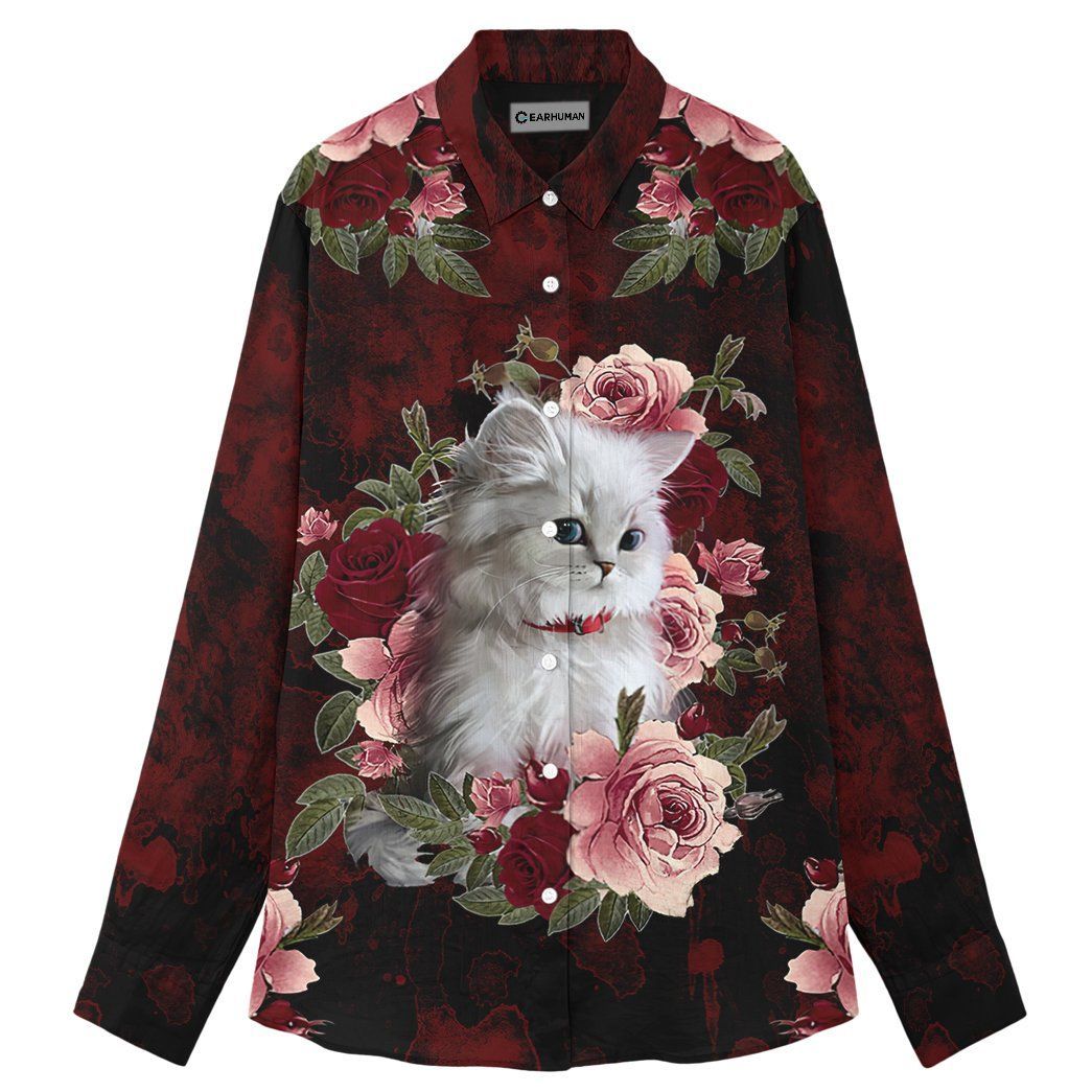 Casespring 3D Cat And Flower Custom Linen Shirt For Woman