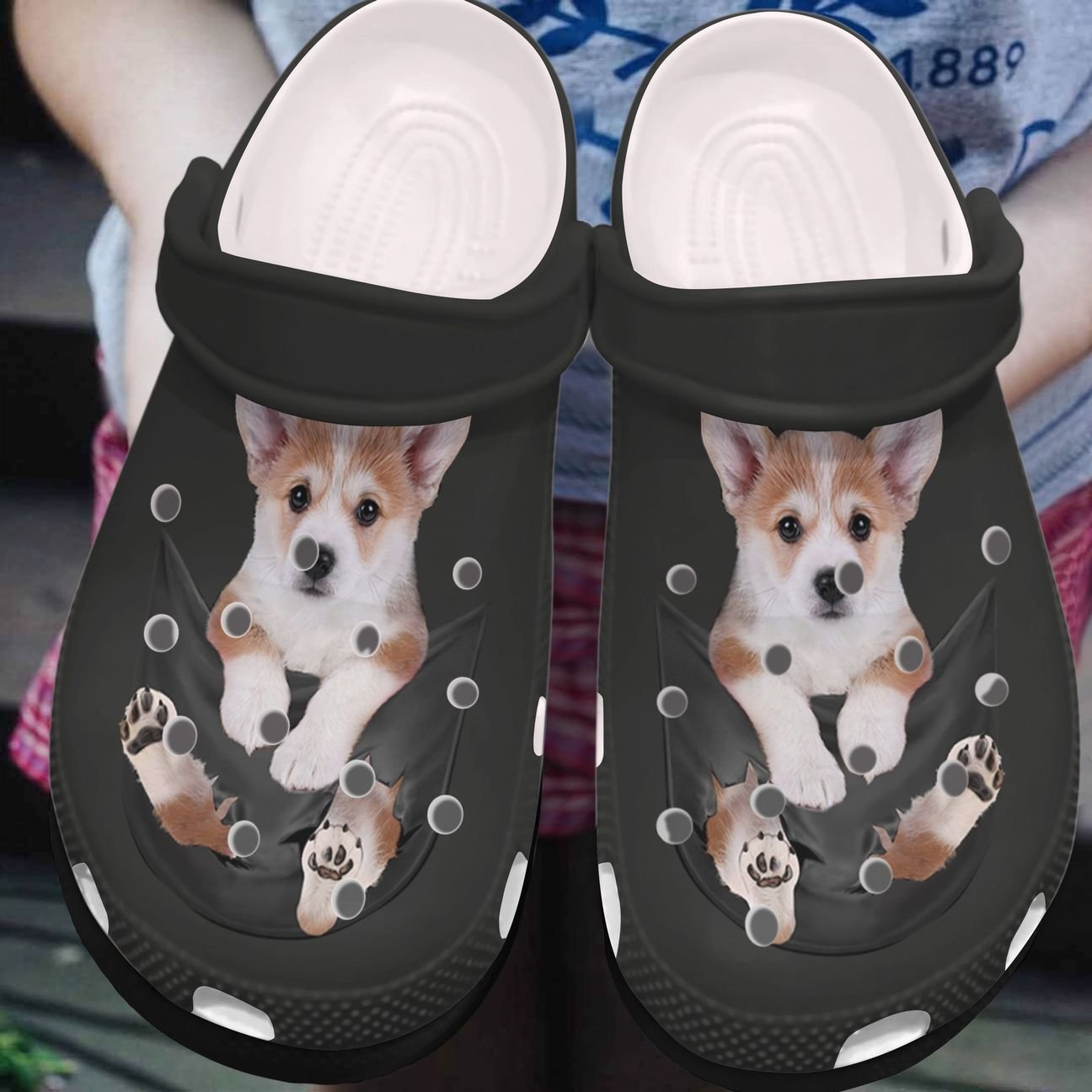 Corgi Personalized Clog, Custom Name, Text, Color, Number Fashion Style For Women, Men, Kid, Print 3D Corgi In A Pocket