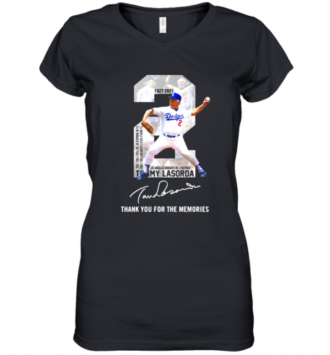 2 Tommy Lasorda 1936 2021 Los Angeles Dodgers Thank You For The Memories Signature Women’S V-Neck T-Shirt