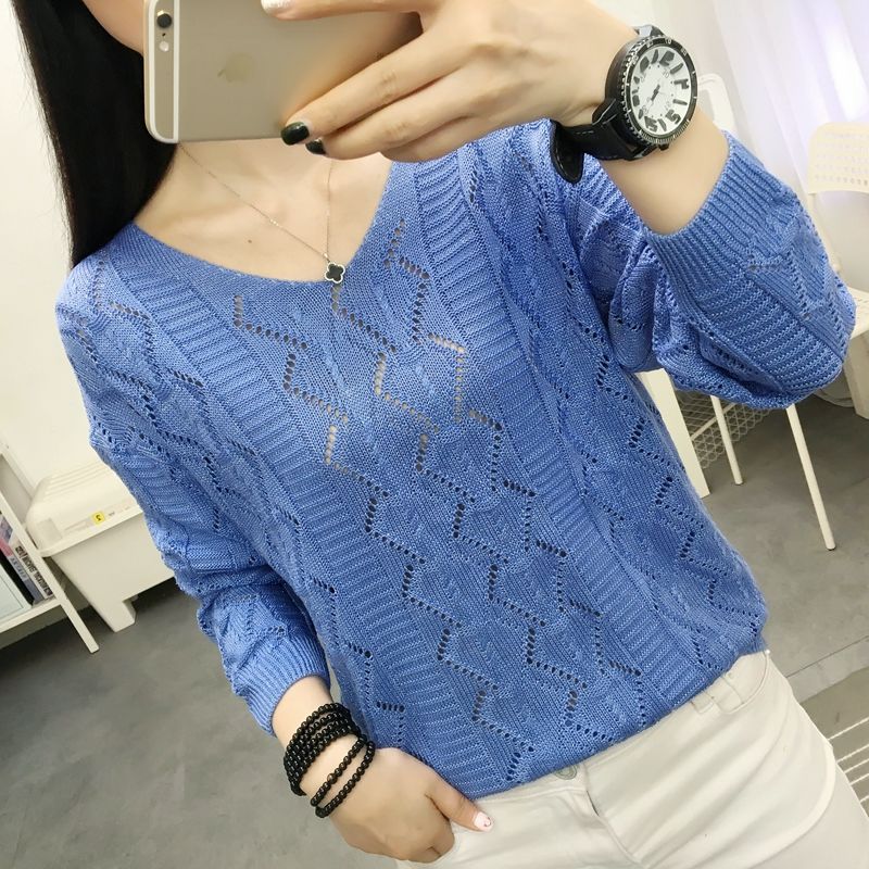 Spring Women’s New Thin Cut Out Long Sleeve Base Coat Short V-neck Solid Color Sweater Lady Casual Loose Top alx