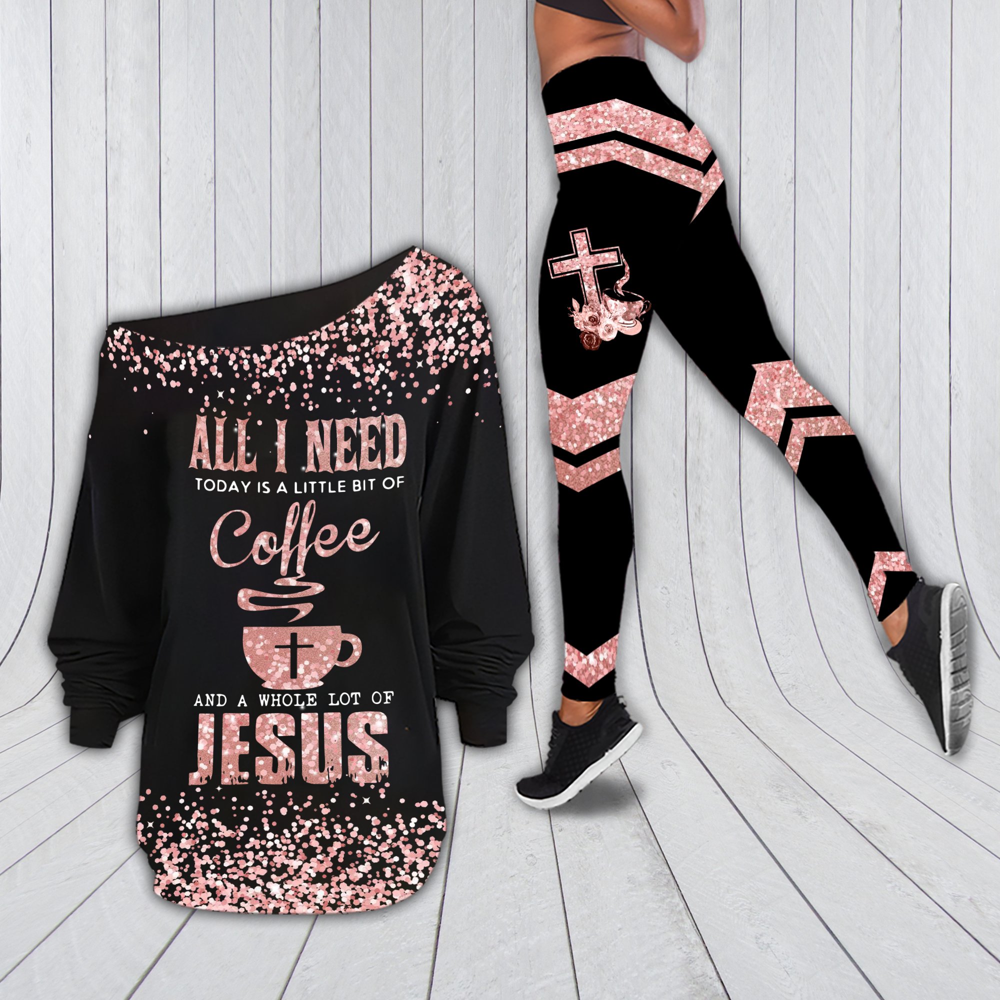 All I need today coffee Jesus off-shoulder shirt & leggings set NHN