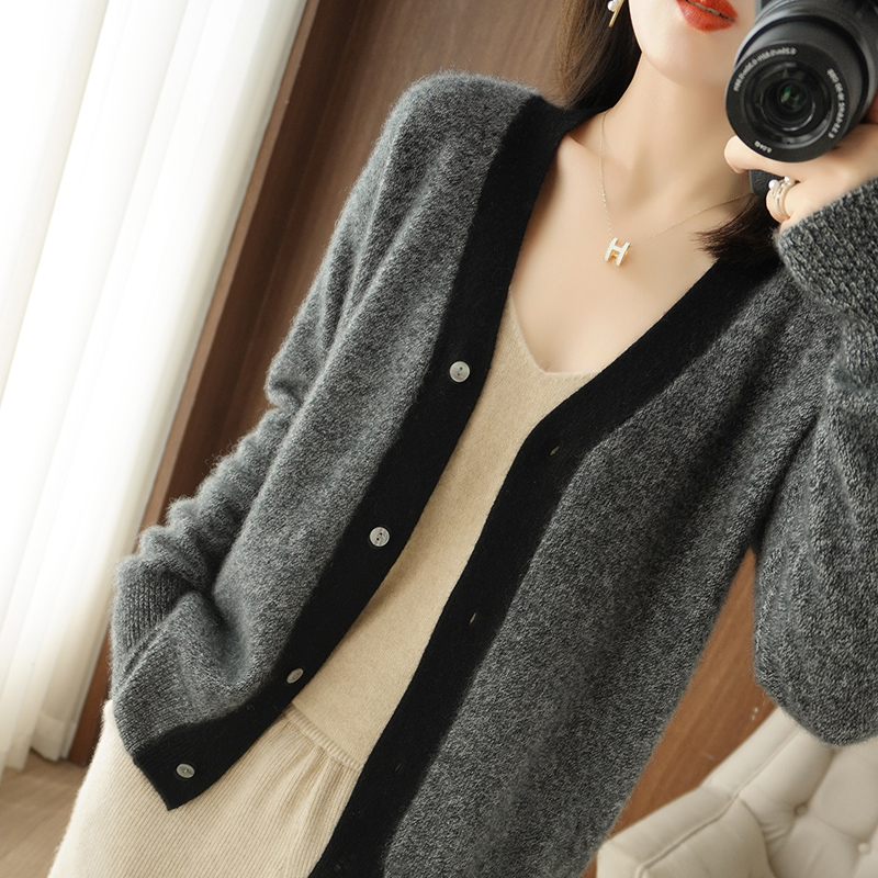 2021 New Pure Cashmere Cardigan Women V-Neck Plus Size Knit Jacket Autumn Winter 100%Wool Top Loose Color Matching Thick Sweater alx