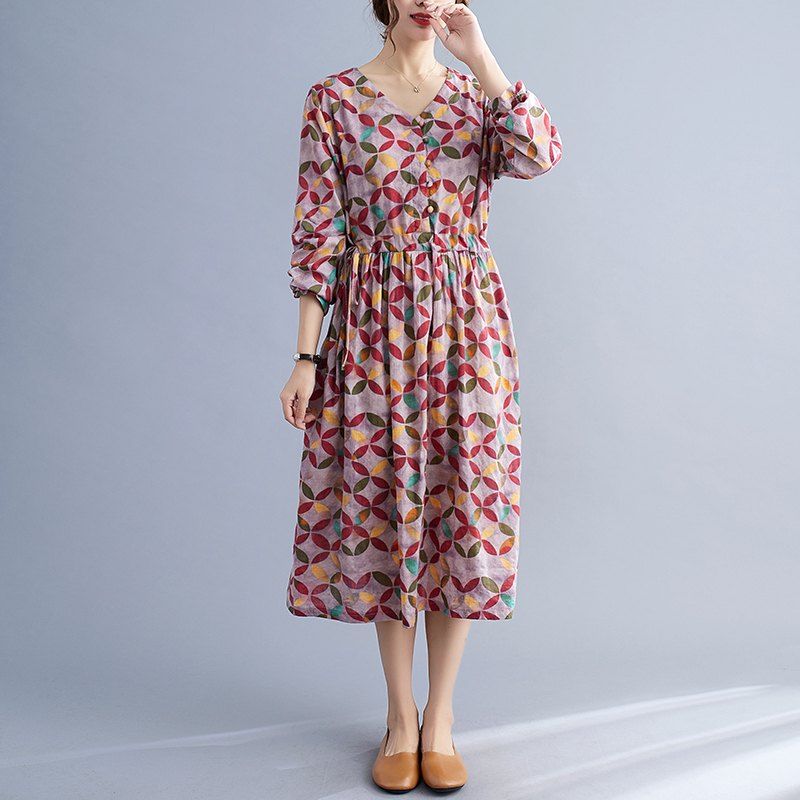 2022 New Thin Soft Cotton Linen Print Floral Vintage Autumn Dress Draw String Office Lady Work Dress Women Casual Spring Dress alx