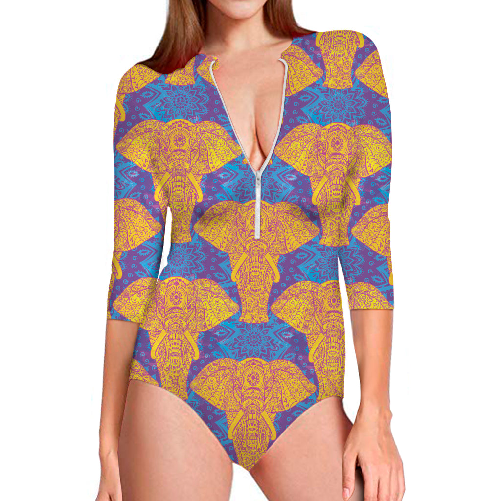 Yellow Mandala Elephant Pattern Print Long Sleeve One Piece Swimsuit