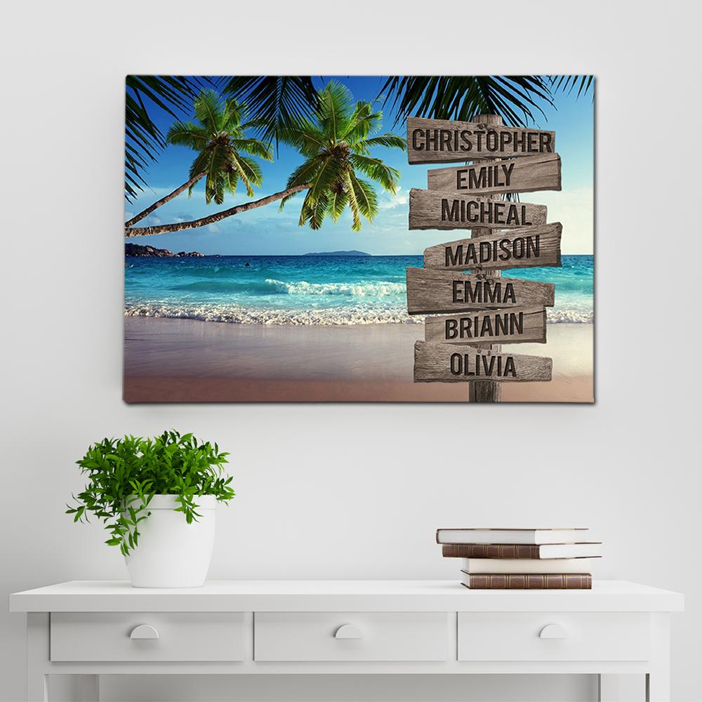 Tropical Beach Scenery Multi Names Premium Canvas – Family Street Sign Family Name Art Canvas For Home Decor Personalized Canvas Wall Art