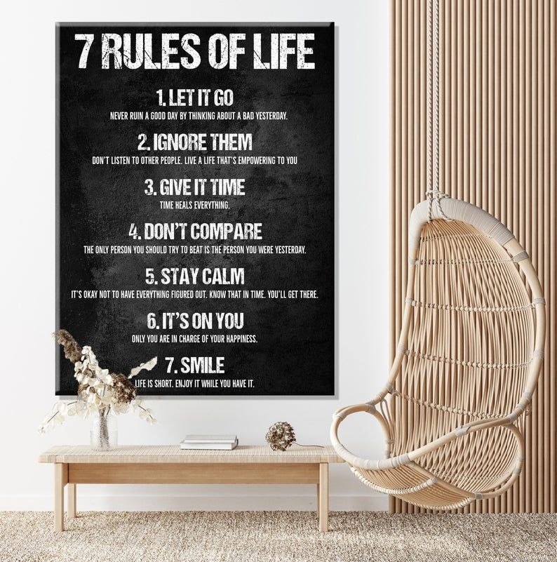 7 Rules Of Life Inspirational Quote Canvas Print Wall Art Office Decor, Inspiration Modern Art Home Decor Motivational Sign, Positive Saying