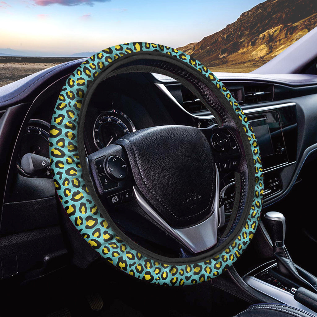 Teal And Yellow Leopard Pattern Print Car Steering Wheel Cover