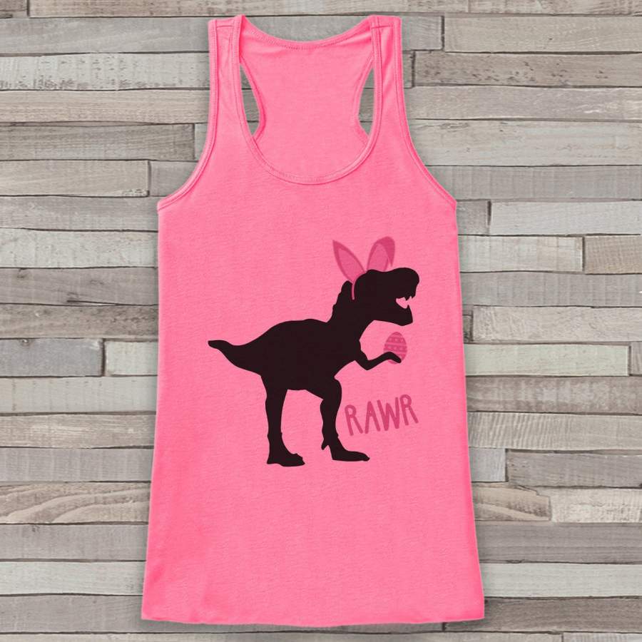 Womens Easter Shirt – Funny Easter Bunny Dinosaur Tank Top – Dino Bunny Ears – Womens Tank – Funny Happy Easter Outfit – Pink Tank Top