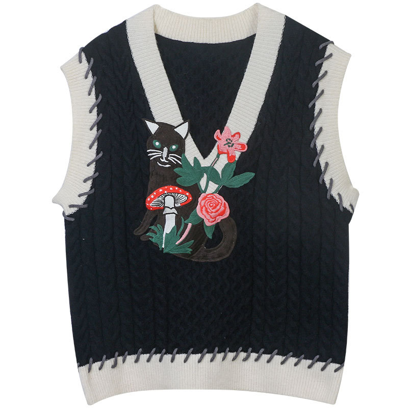 2022 New Autumn Knitted Vest Women Contrast Color Flower Embroidery Retro V-Neck Slim Fit All-Match Top alx