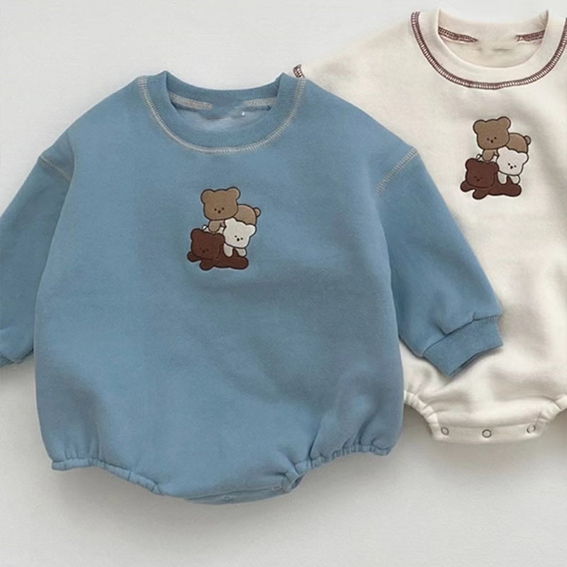 Cute Bear Embroidery Bodysuit Kids Girls Simple Loose Fleece Sweatshirts Jumspuit Boys Warm Comfortable Cartoon Cotton Bodysuits alx