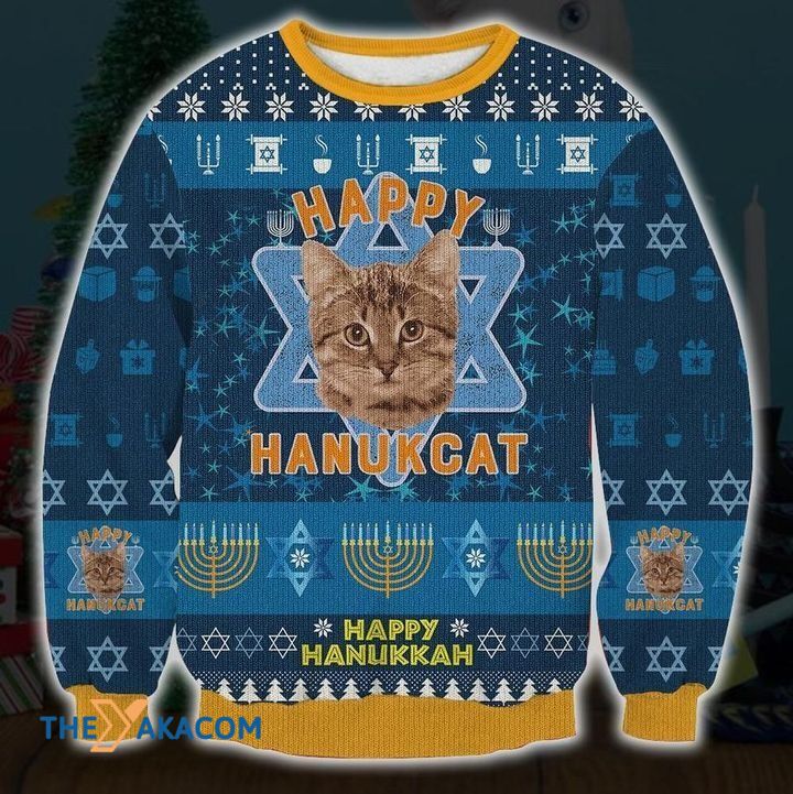 Blue Christmas Pattern Happy Hanukcat Gift For Christmas Ugly Christmas Sweater