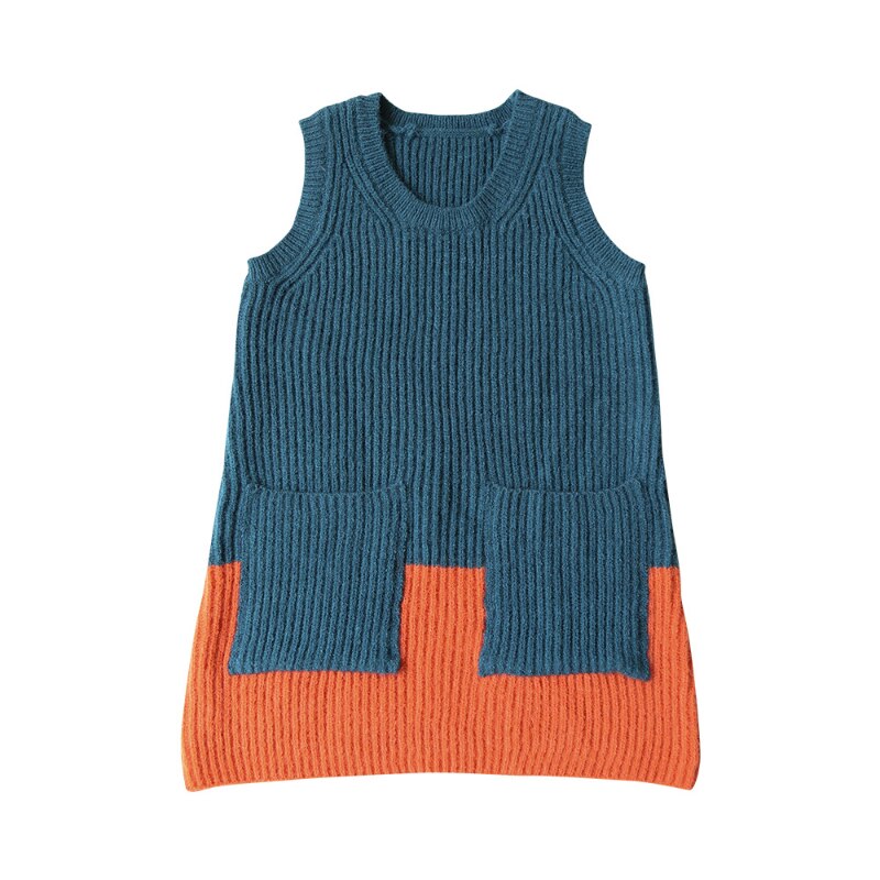 베베베베Spot 22 Autumn and Winter Girls Hit Color Cute Pocket Knitted Vest Skirt Children’s Classic Round Neck Warm Bottoming Skirt alx