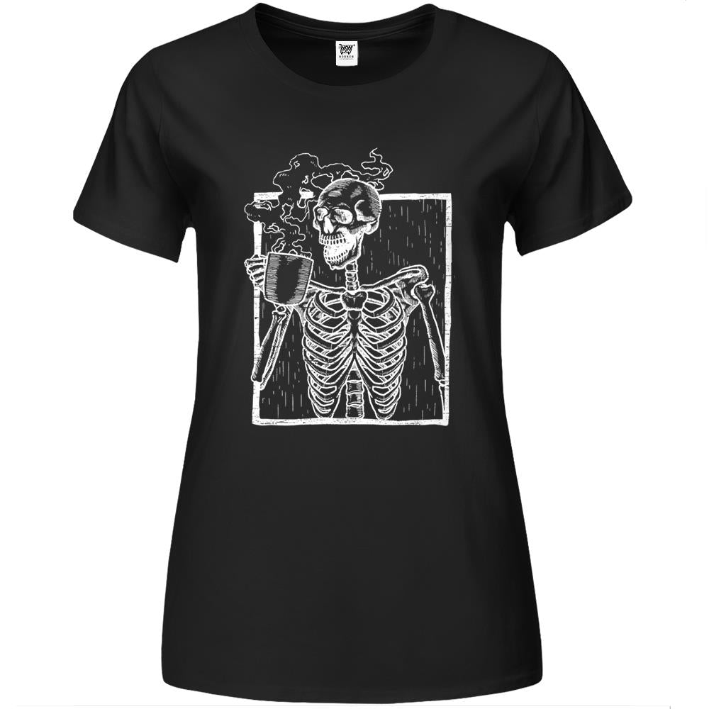 Distressed Skeleton Vintage Smiling Skull Drinking Coffee Premium Womens T Shirts