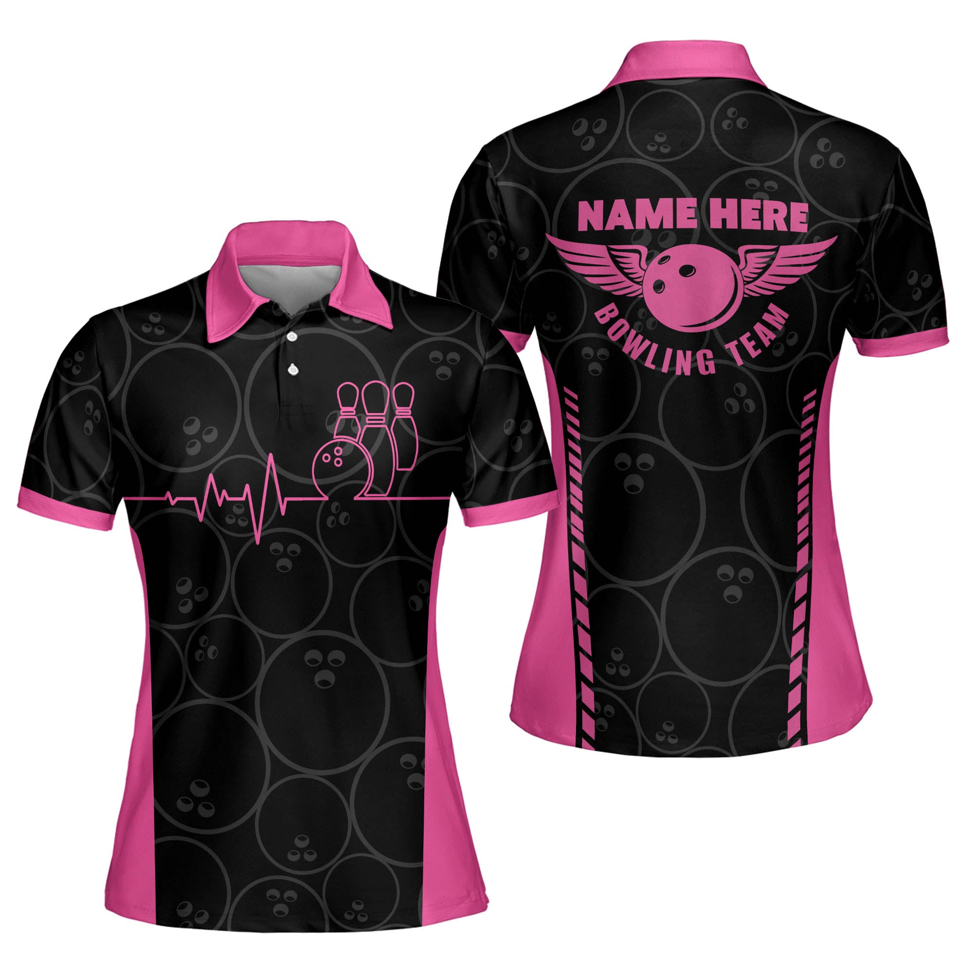 Funny Heartbeat Pulse Line Pink Bowling Shirts For Women, Gift For Team Bowling